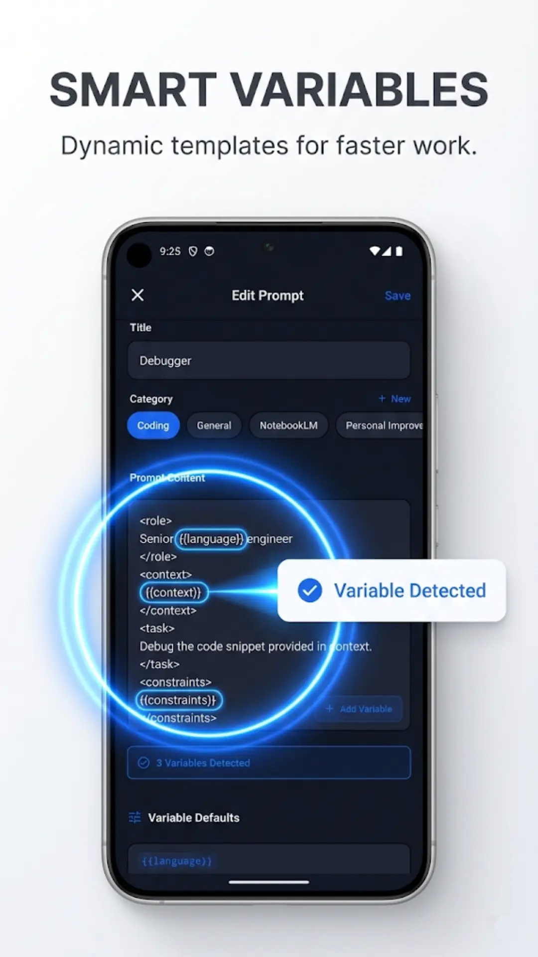 PromptDeck Android smart variables screen