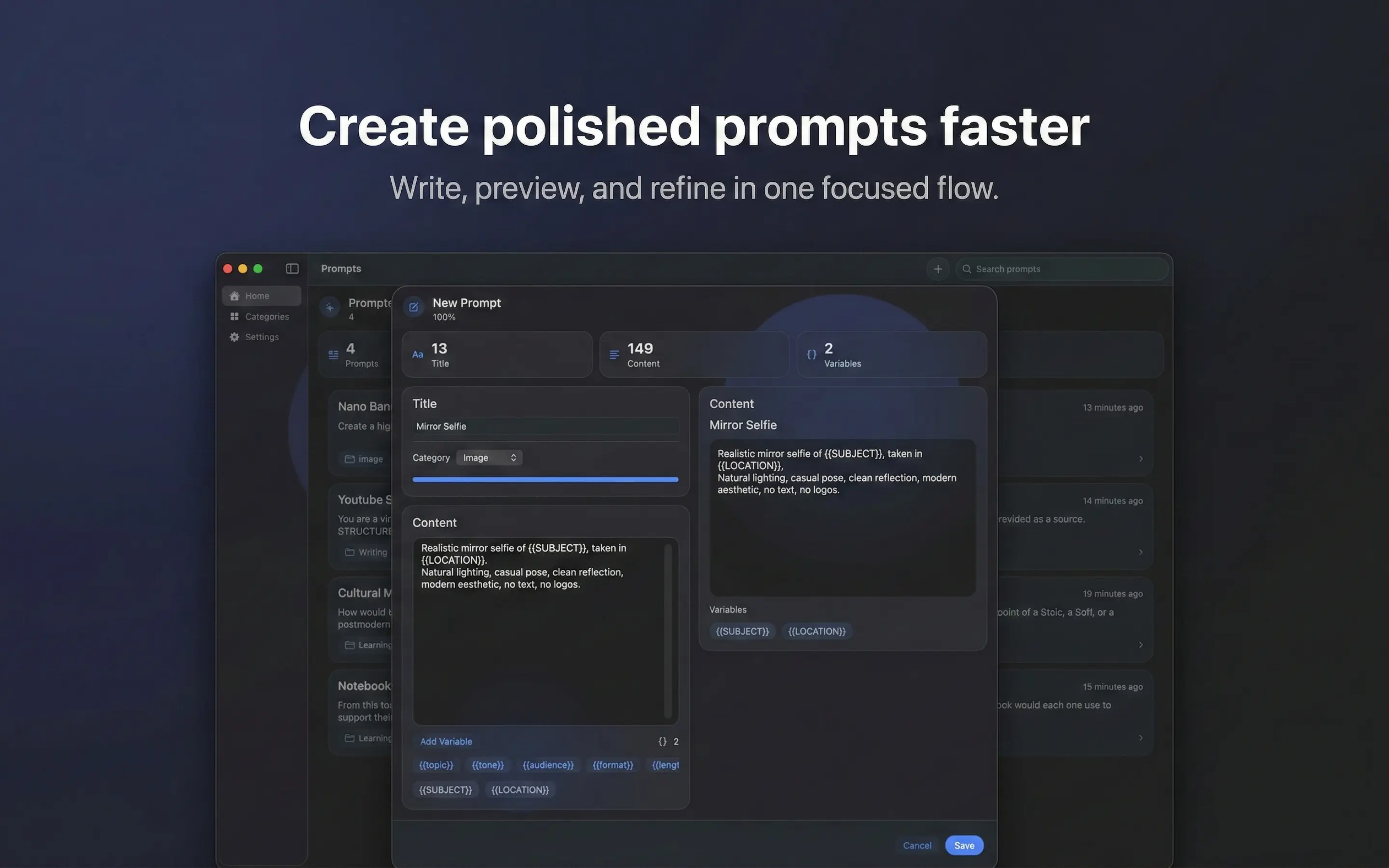 PromptDeck macOS prompt editing screen
